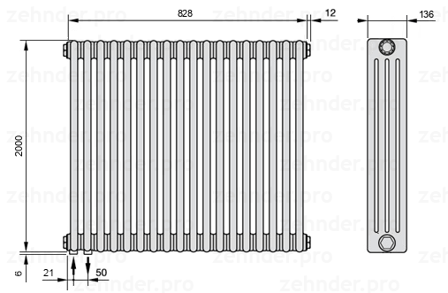 Схема (чертеж) Радиатор Zehnder Charleston 4200/18 №3370 Белый глянцевый RAL 9016